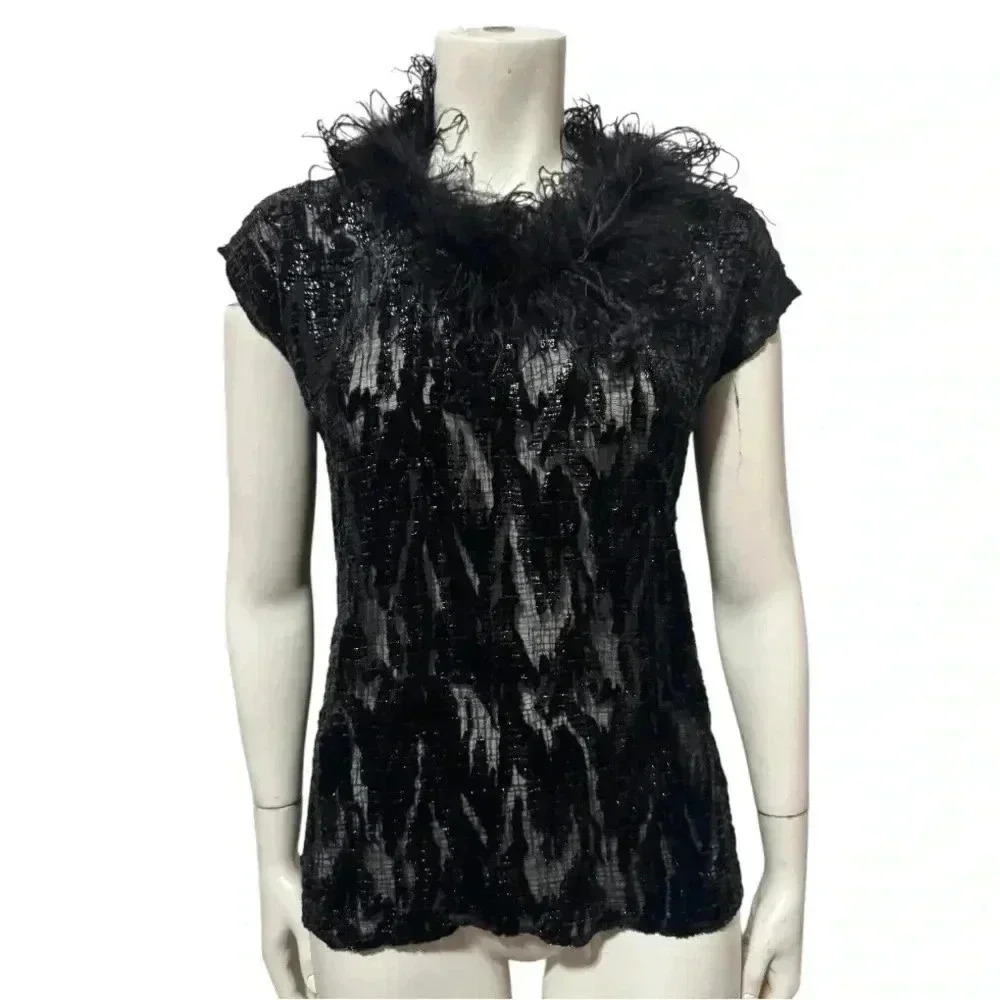 Vintage Joseph Ribkoff Black Burnout Velvet Ostrich Feather Top Evening Glam - Picture 2 of 13